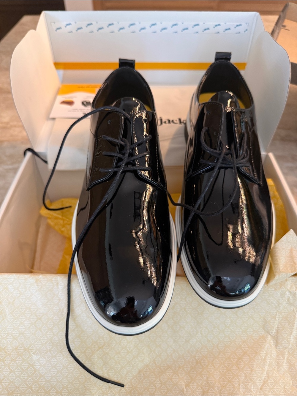 Men's Black Patent Derby Shoes with White Sole